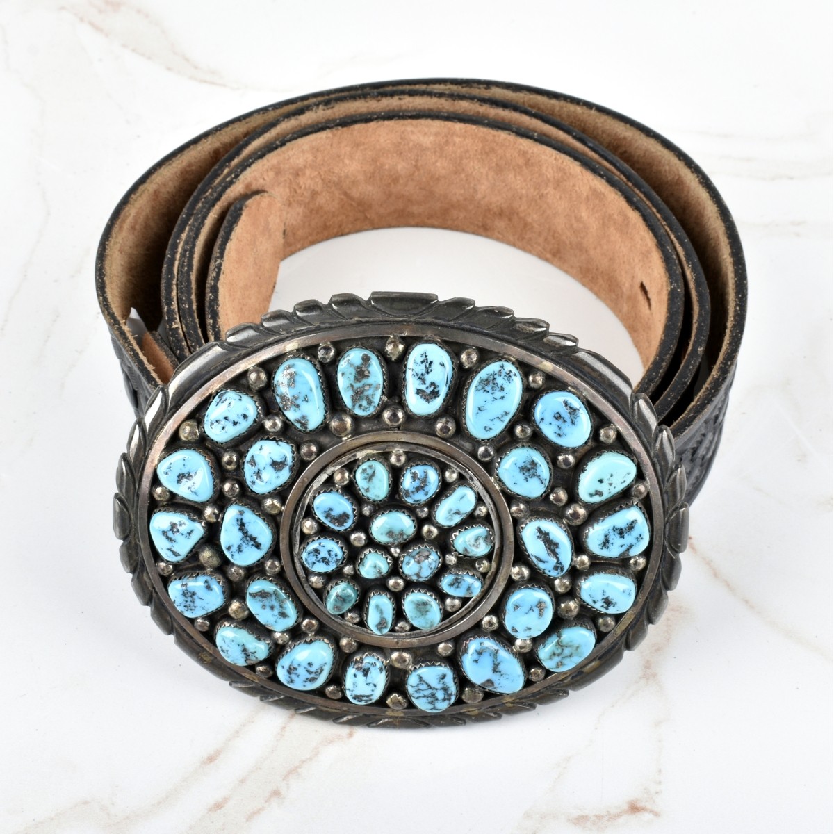 Navajo Turquoise, Coral and Silver Belt Buckle