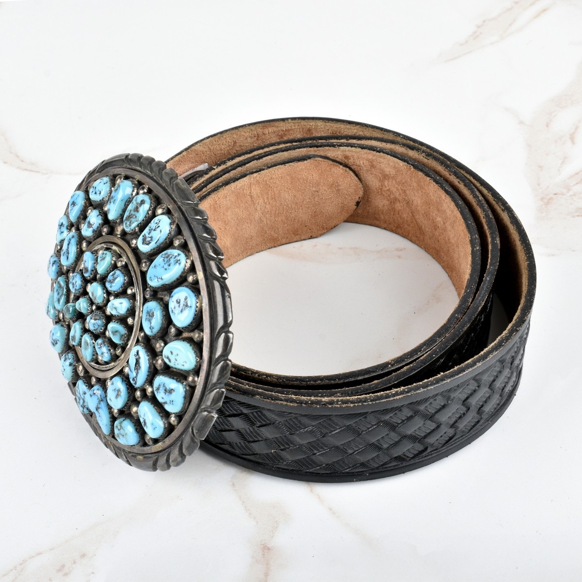 Navajo Turquoise, Coral and Silver Belt Buckle