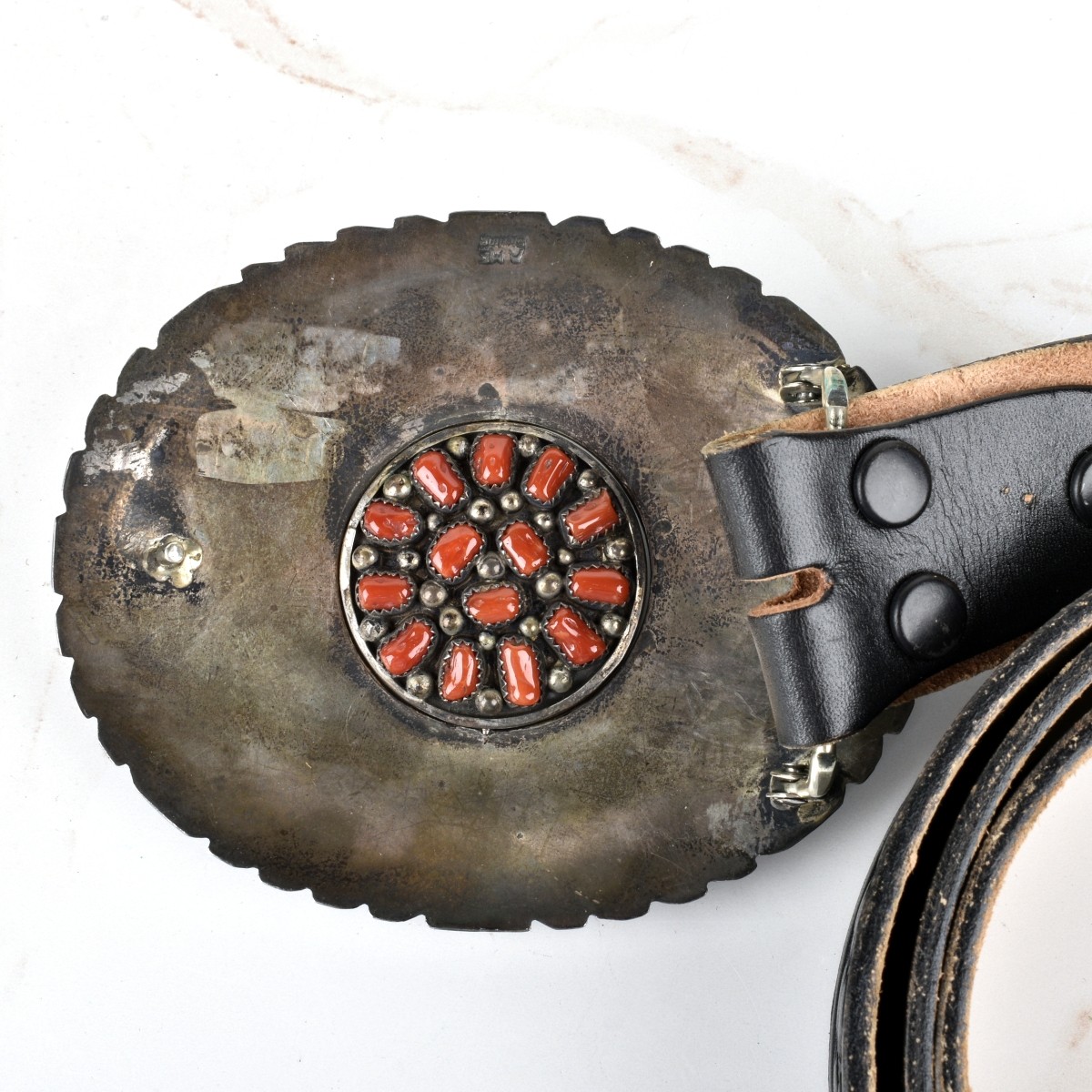 Navajo Turquoise, Coral and Silver Belt Buckle
