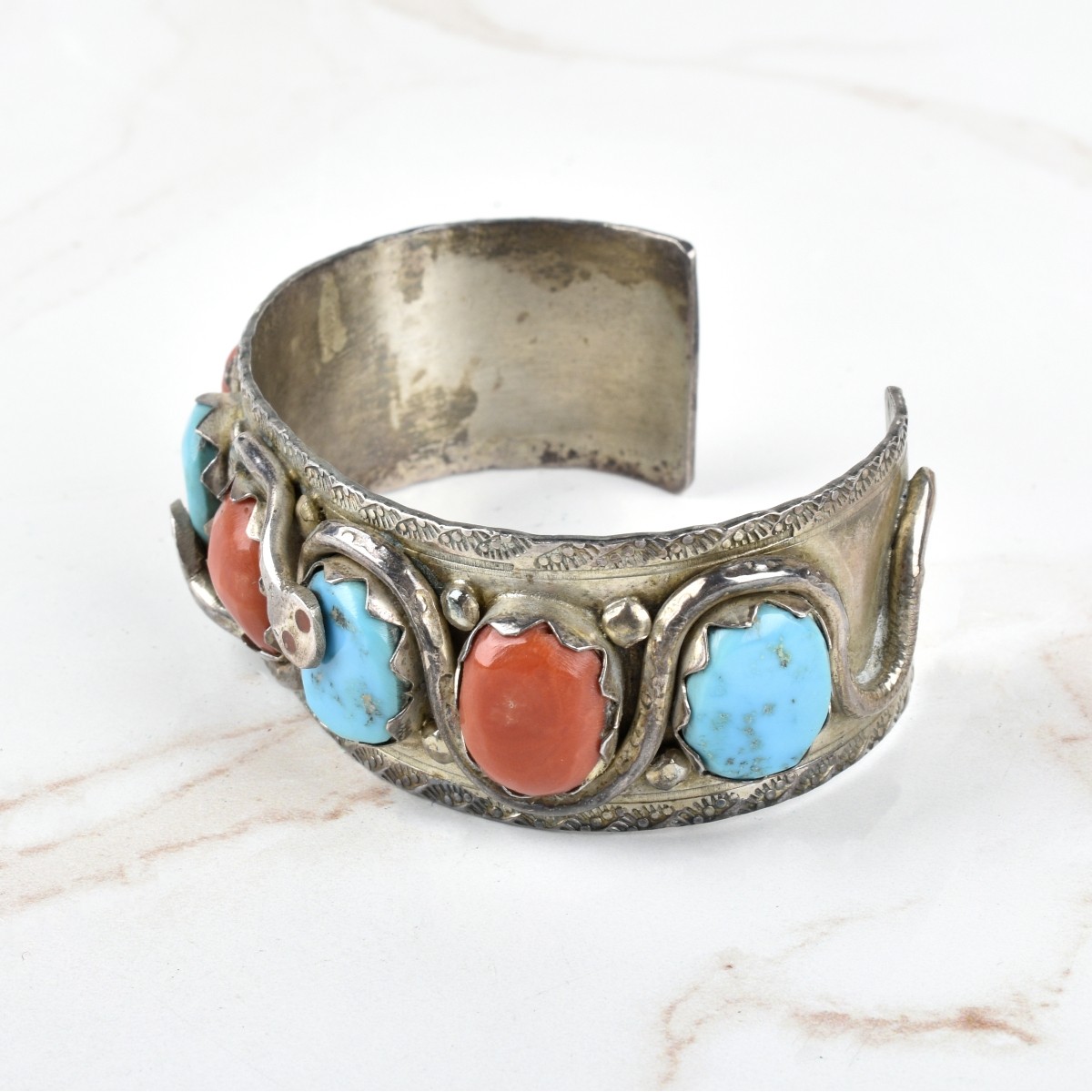 Zuni Coral, Turquoise and Silver Bracelet