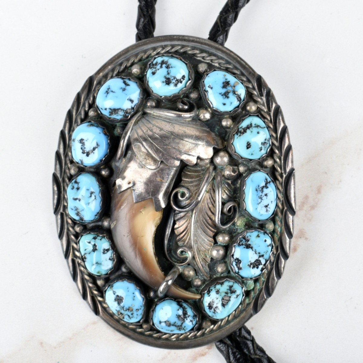 Navajo Turquoise, Bear Claw and Silver Bolo Tie