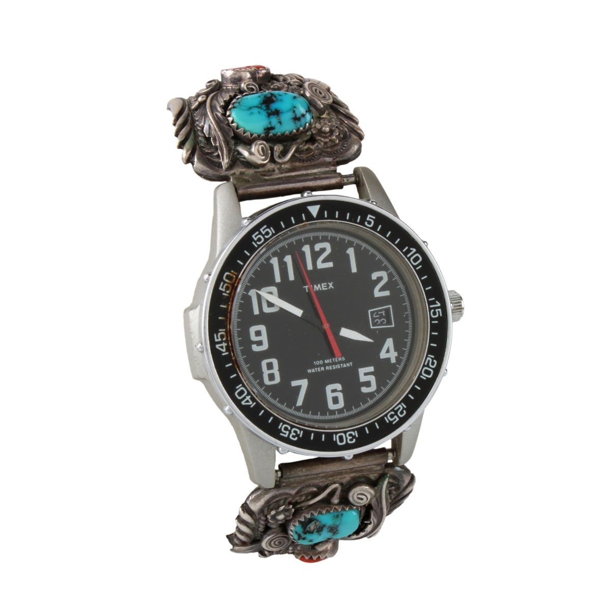 Navajo Turquoise, Coral & Silver Watch Bracelet