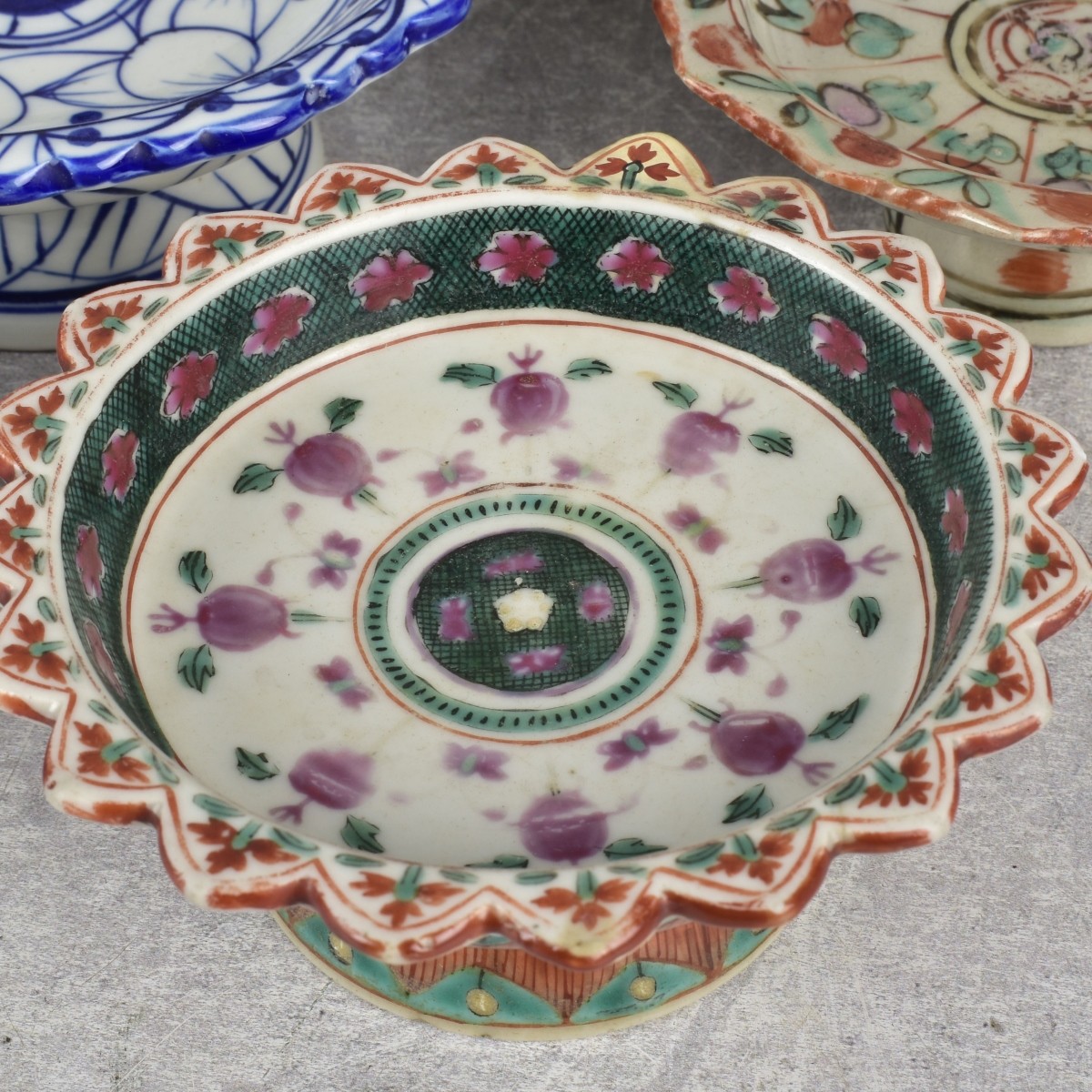 Thai Benjarong Porcelain Enameled Foot Dishes