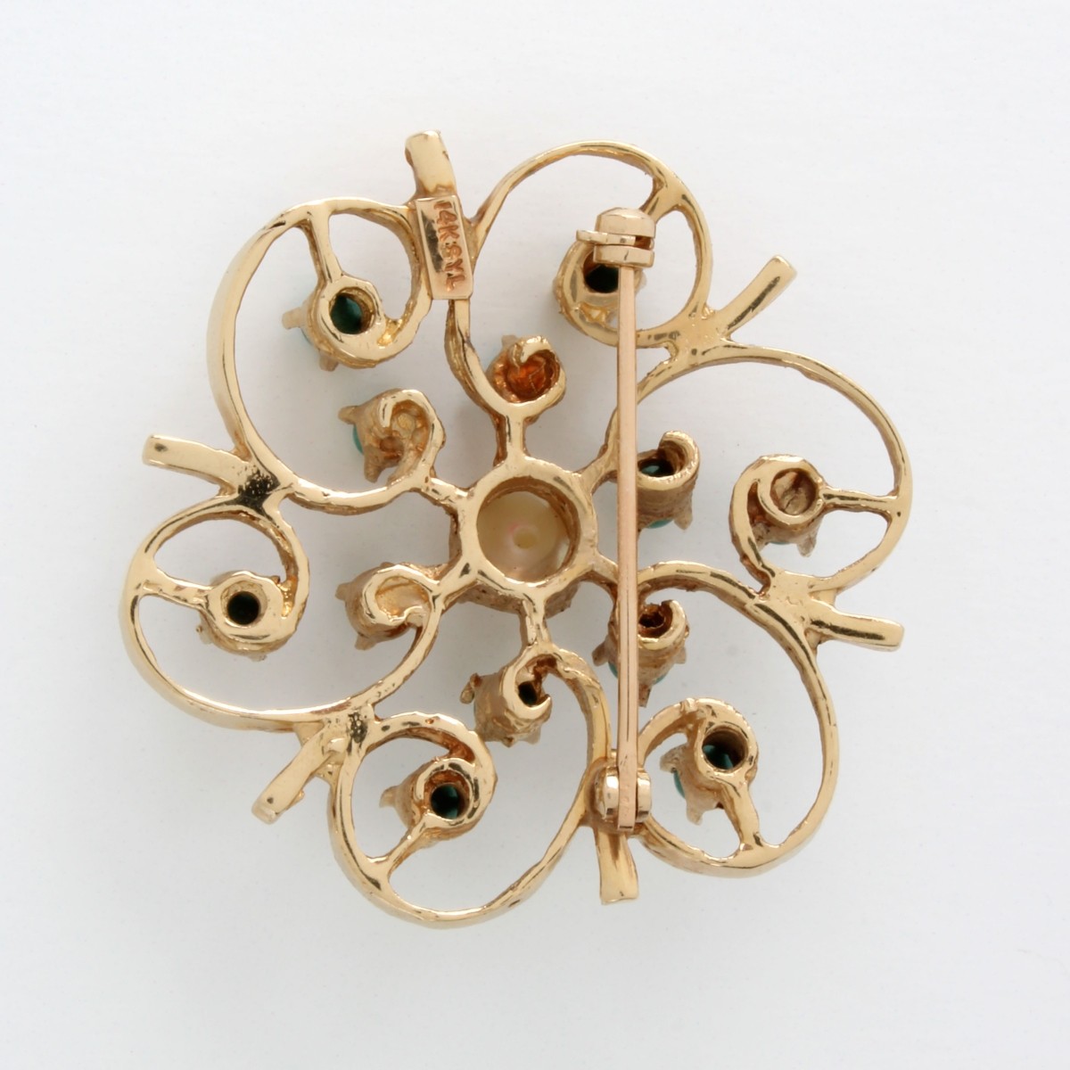 Turquoise, Pearl and 14K Brooch