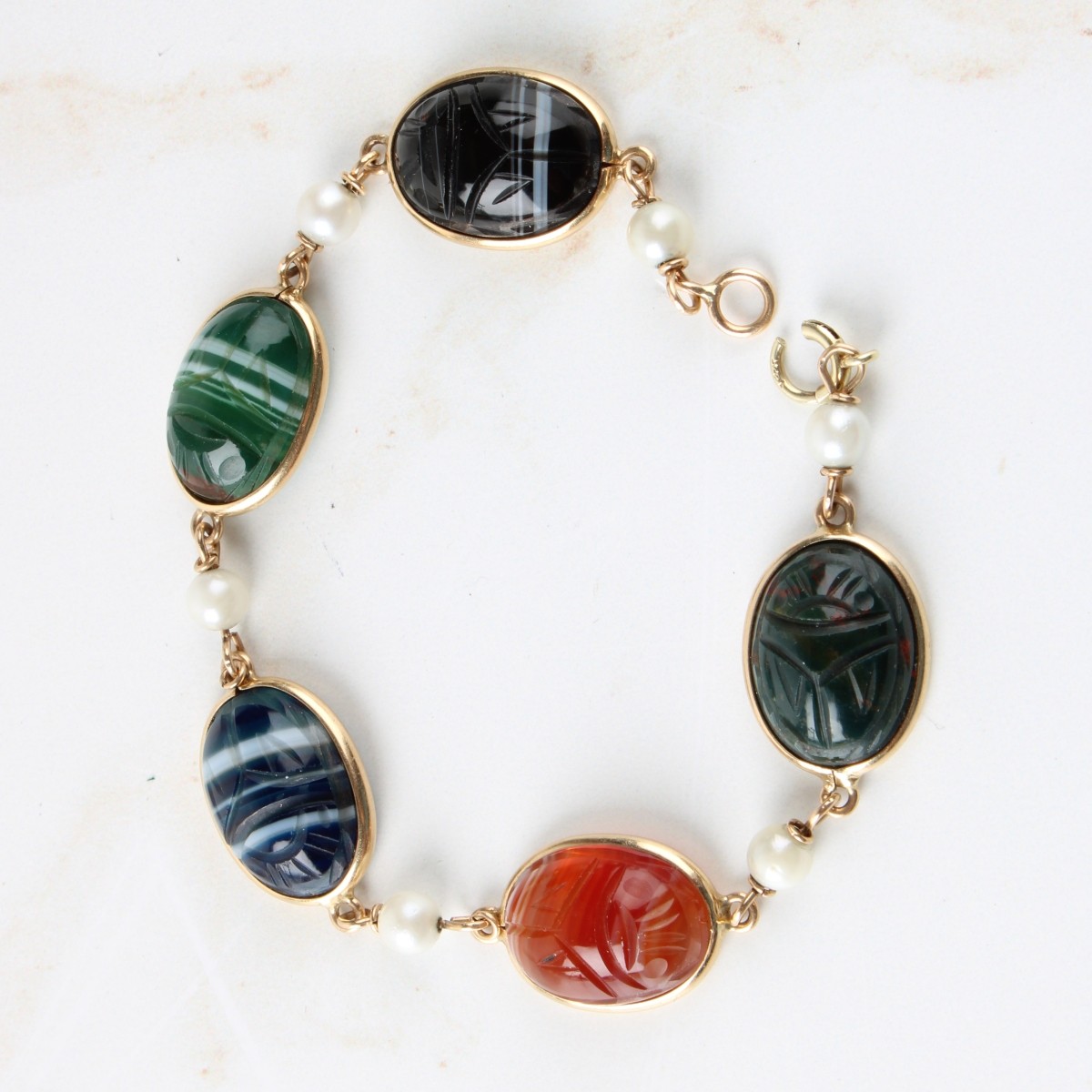 Vtg. 14K Yellow Gold Multi Gemstone Scarab Braclet