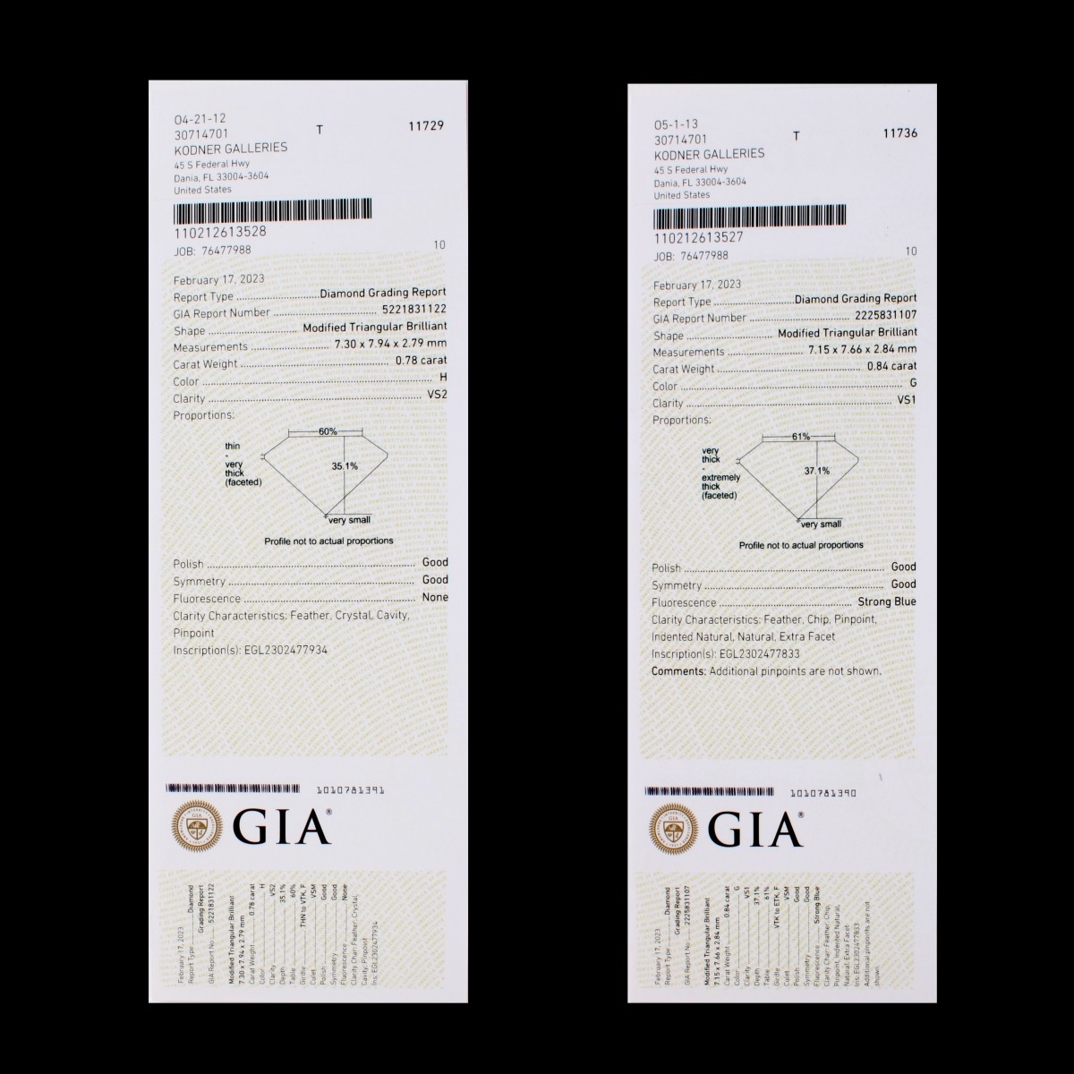 GIA .78 and .84 Trilliant Cut Diamonds