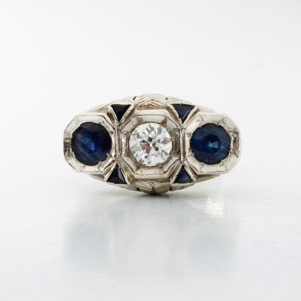 Deco Sapphire, Diamond and Platinum Ring
