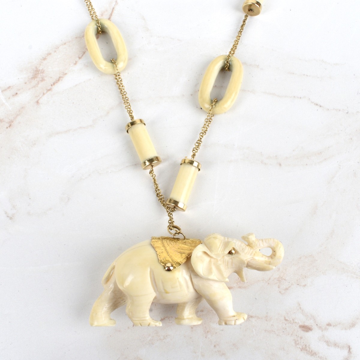14K and Carved Elephant Pendant Necklace