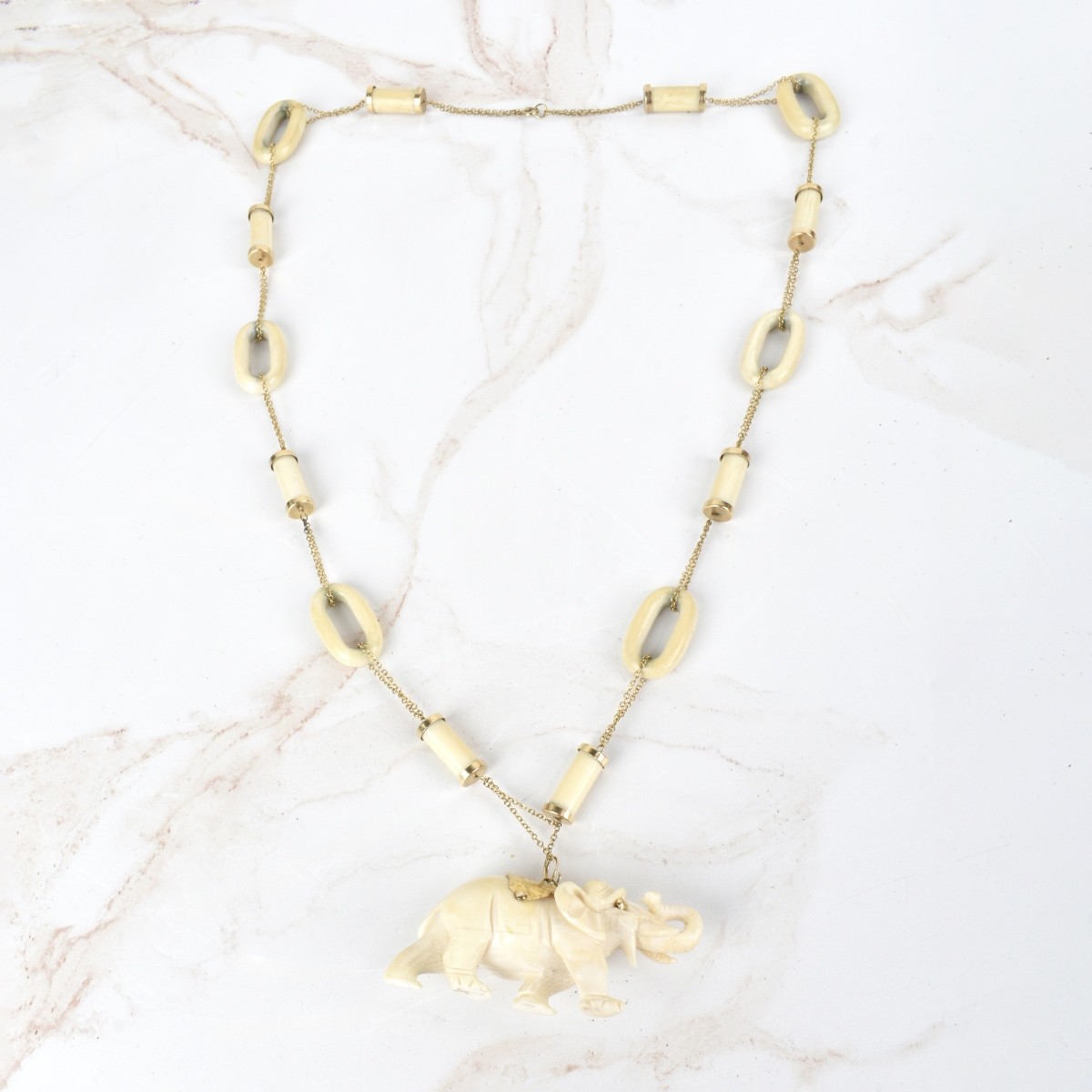 14K and Carved Elephant Pendant Necklace