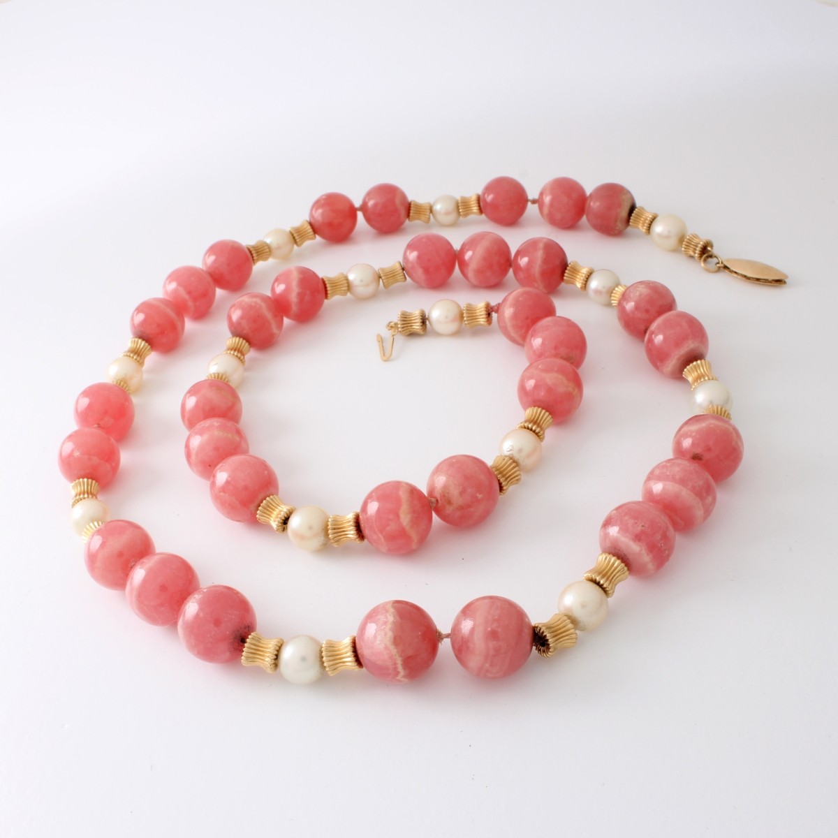 Rhodochrosite, Pearl and 14K Necklace