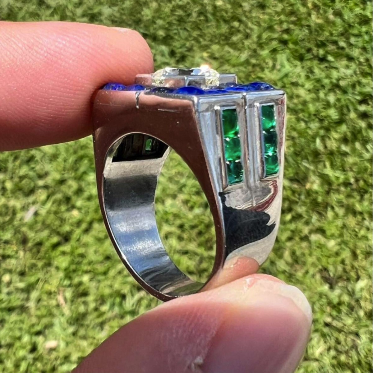 Diamond, Emerald, Lapis & Platinum Ring