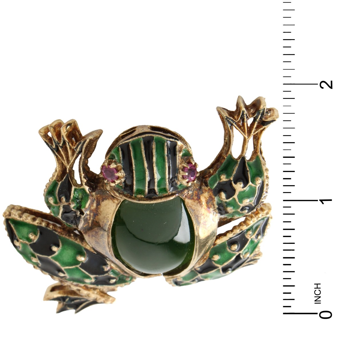 Jade, Enamel and 14K Frog Brooch