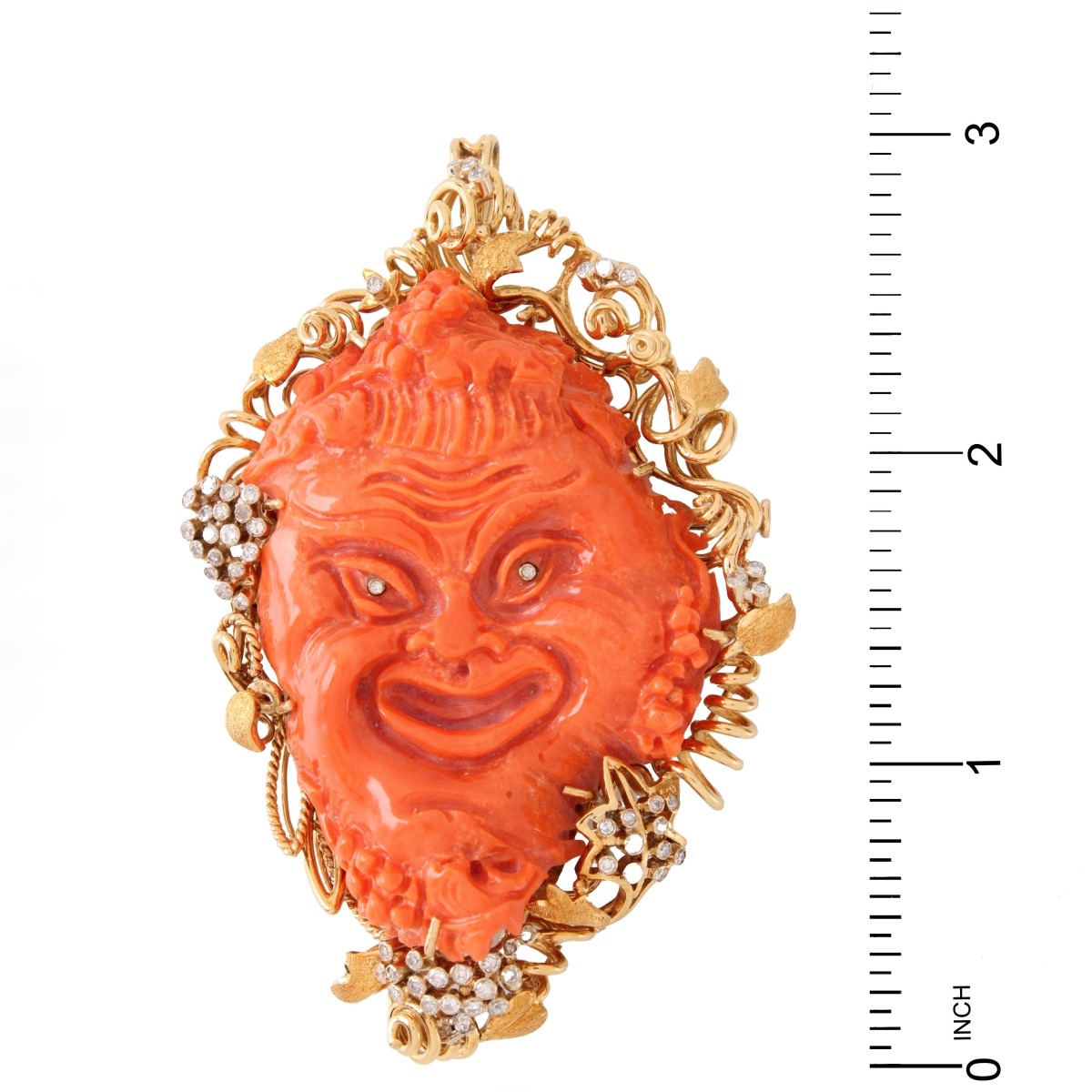 Red Coral, Diamond and 18K Brooch