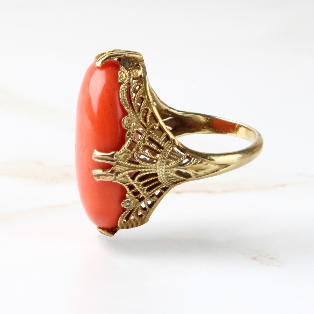 Deco Red Coral and 14K Ring
