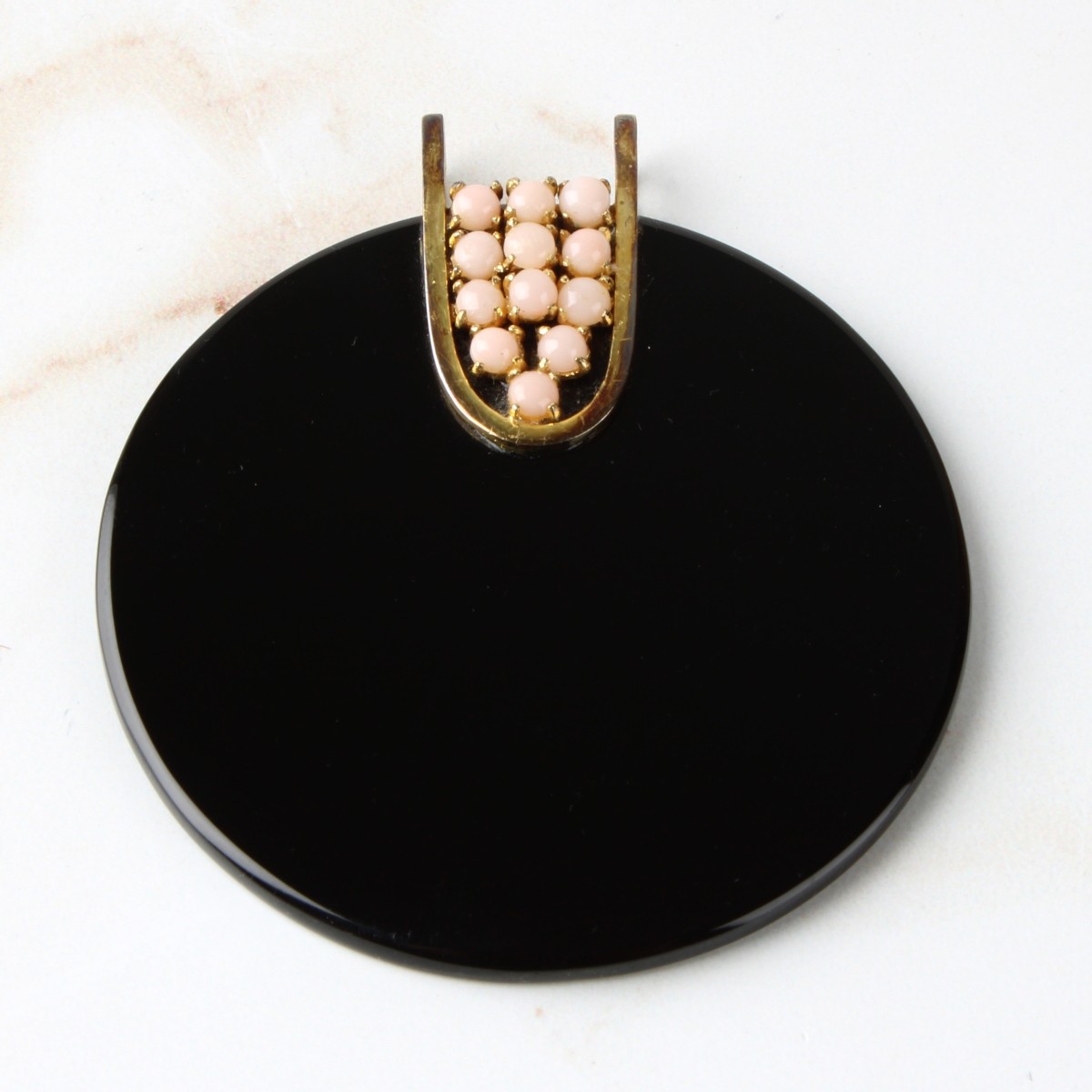 Deco Onyx, Coral and 14K Pendant