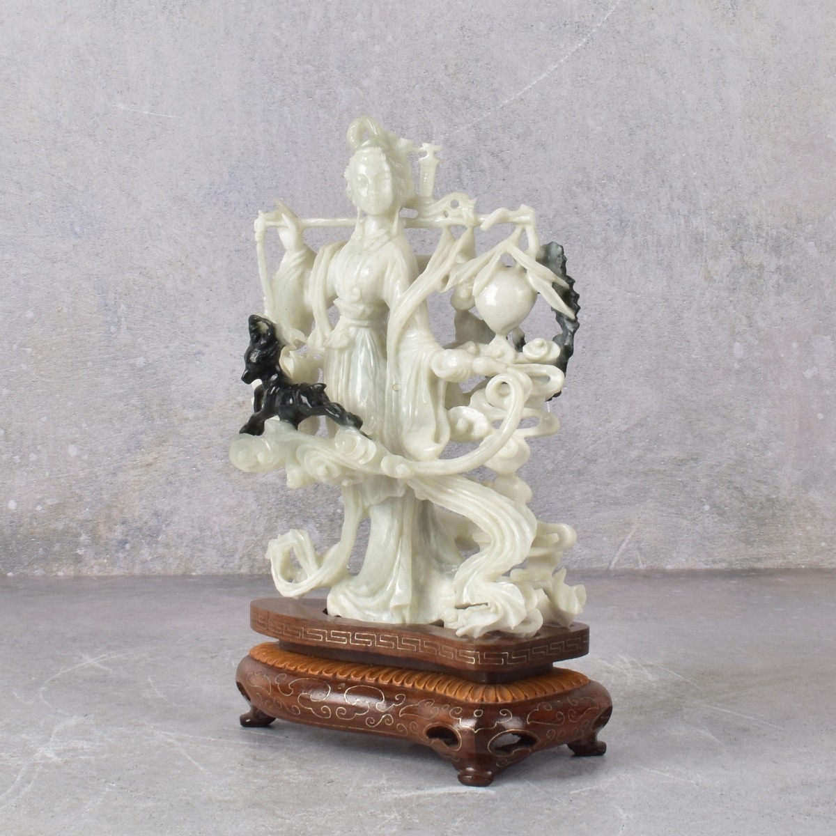 Chinese Carved Jade Guanyin on Wooden Base.