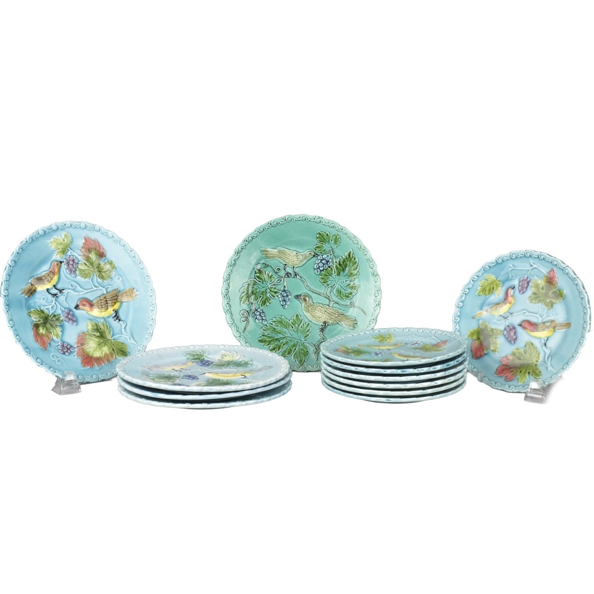 German Majolica Turquoise Bird Plates
