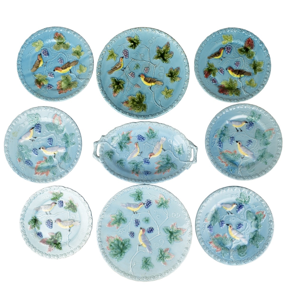 German Majolica Turquoise Bird Plates