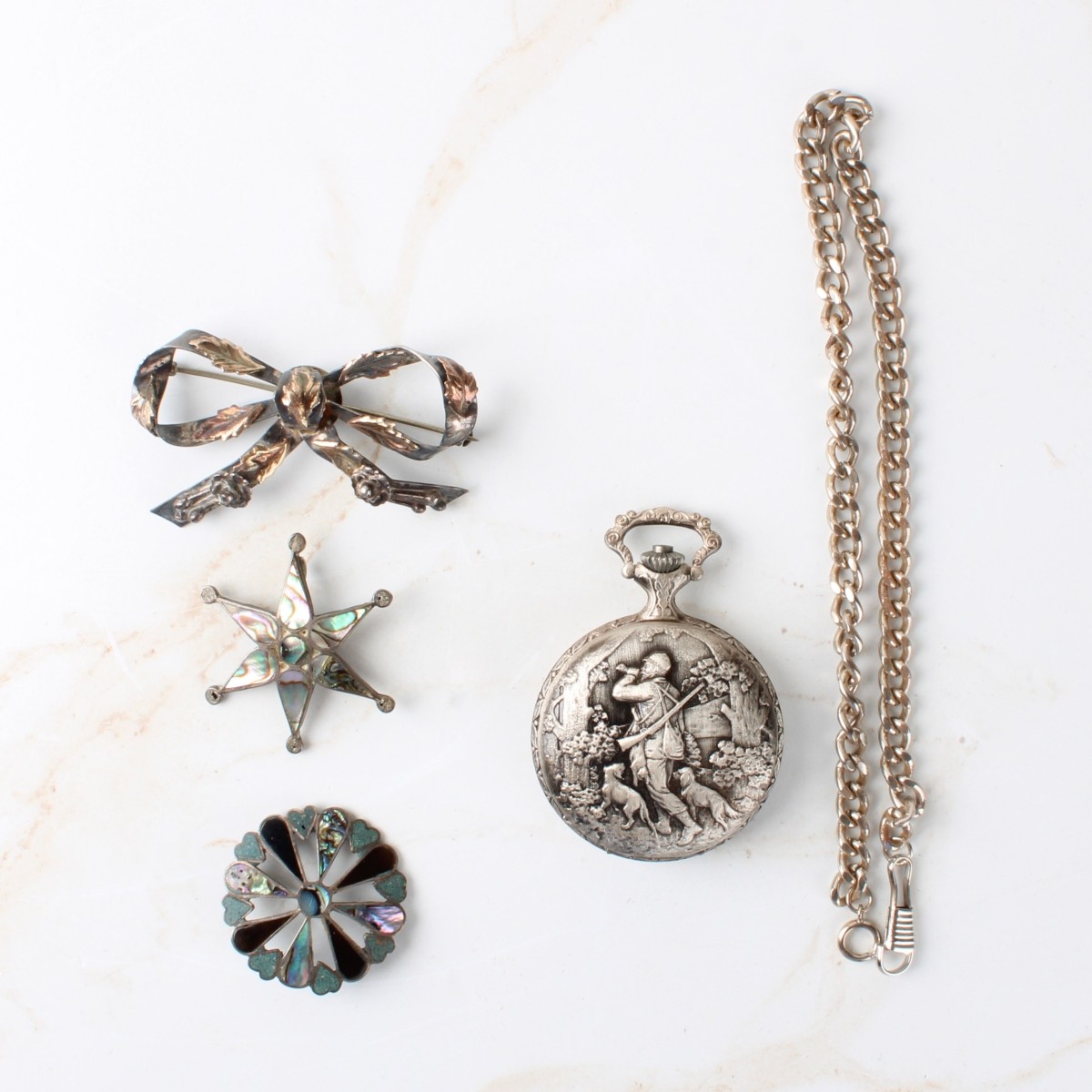 Vintage Pocket Watch and Brooches