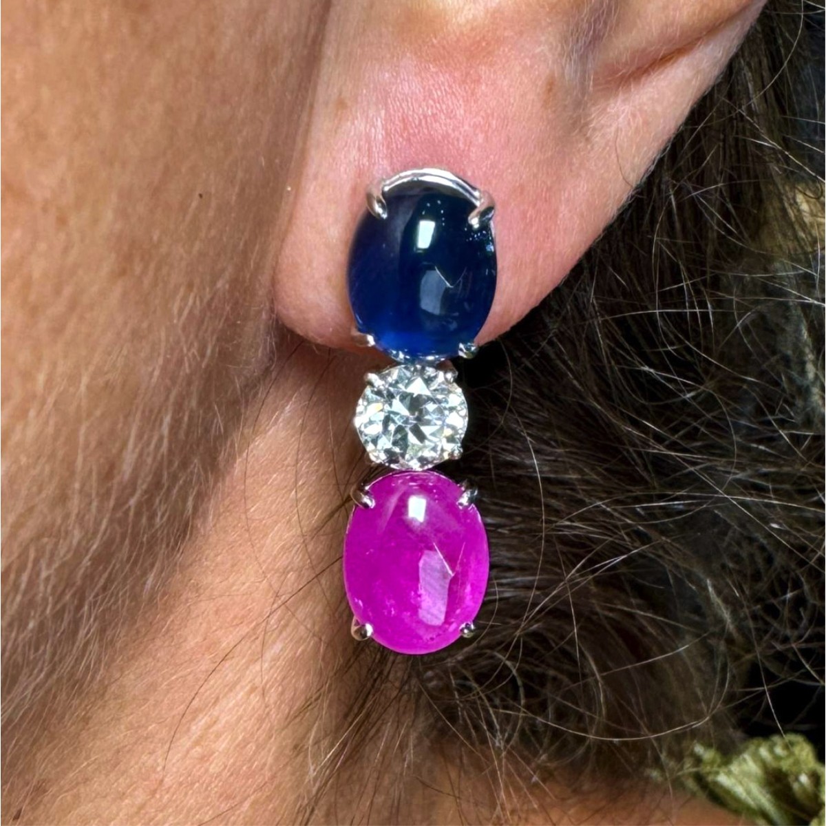 Sapphire, Diamond, Ruby and 18K Earrings