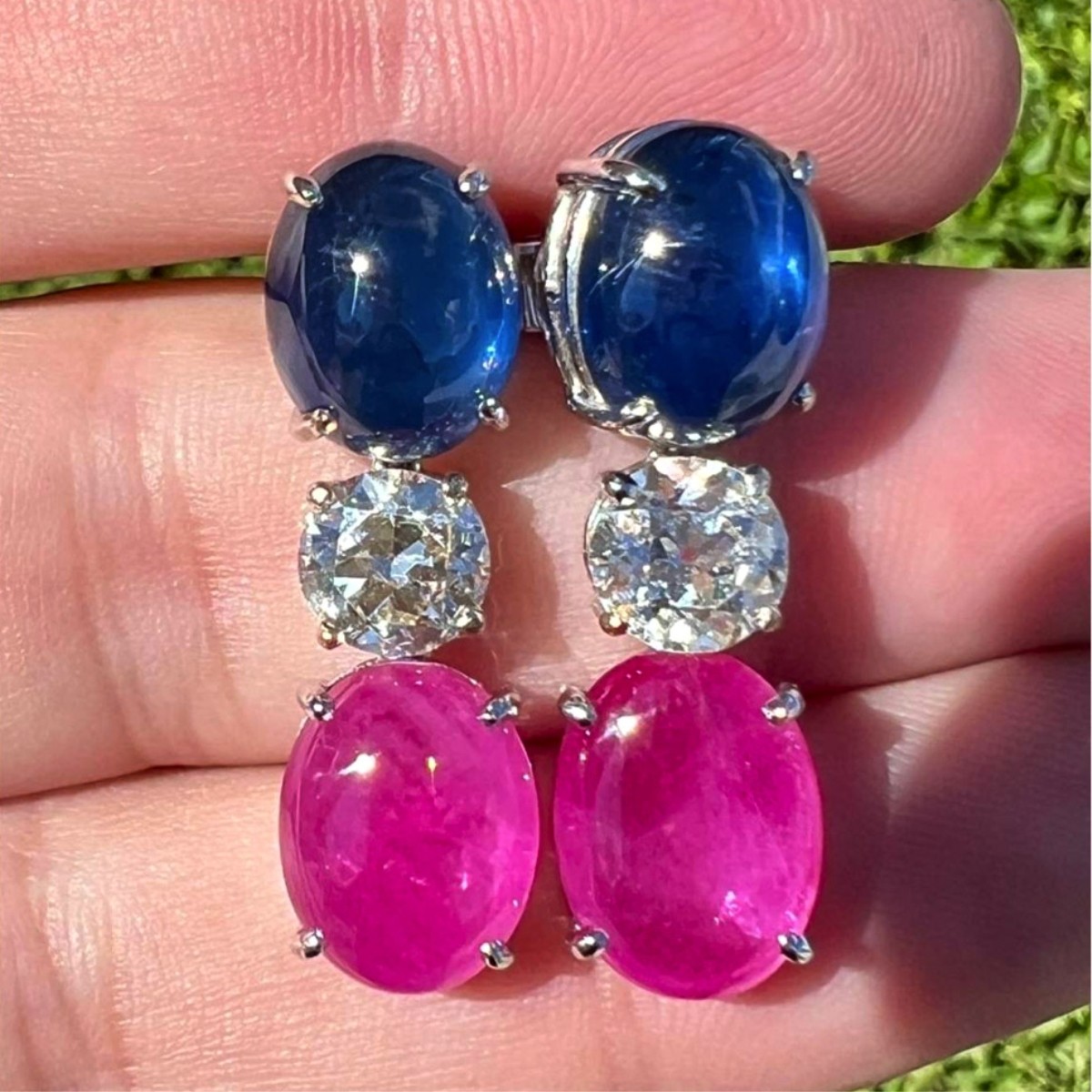Sapphire, Diamond, Ruby and 18K Earrings