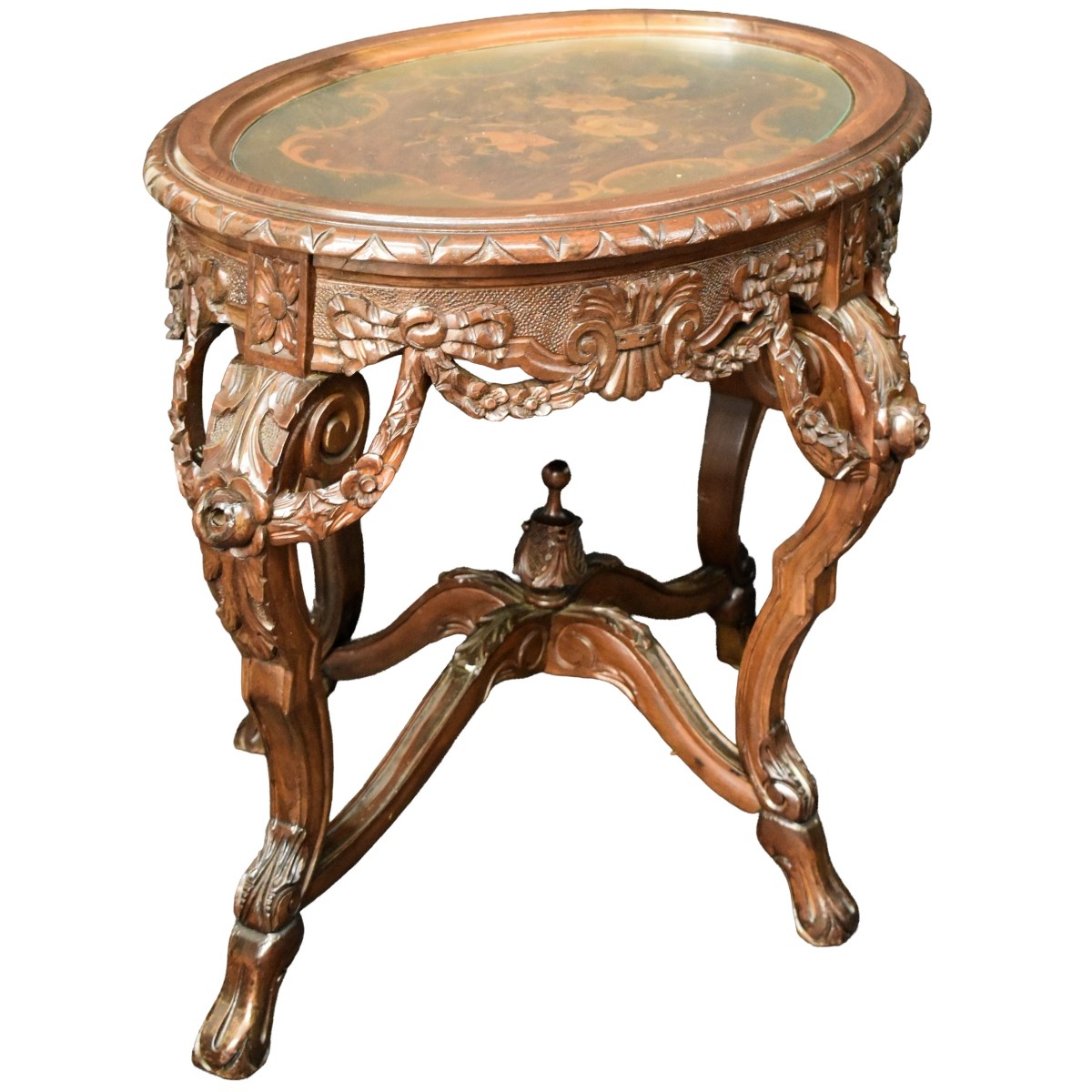 Vintage Carved Marquetry Oval Table