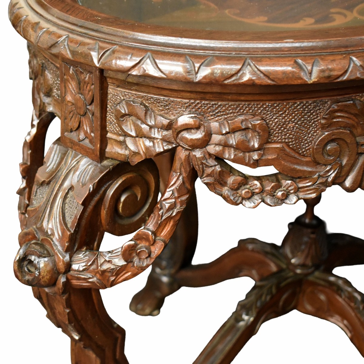 Vintage Carved Marquetry Oval Table