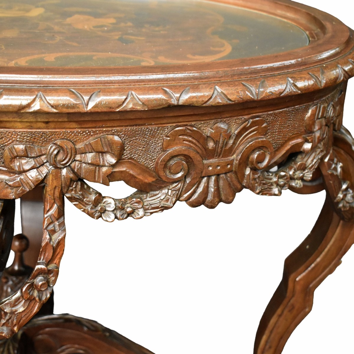 Vintage Carved Marquetry Oval Table