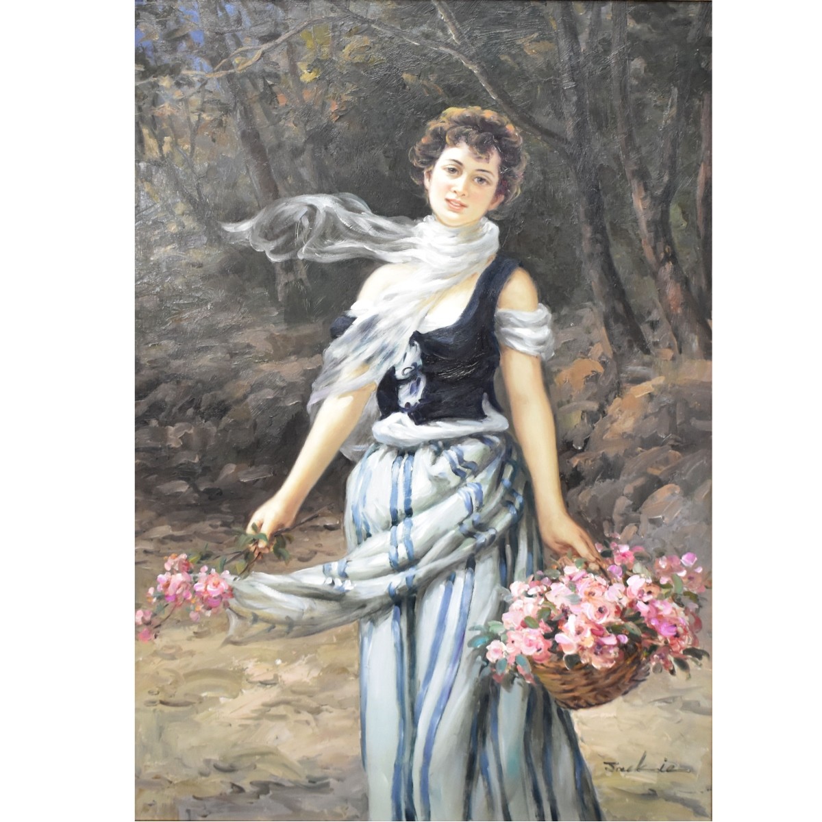 Oil on Canvas of a Girl Gathering Flowers
