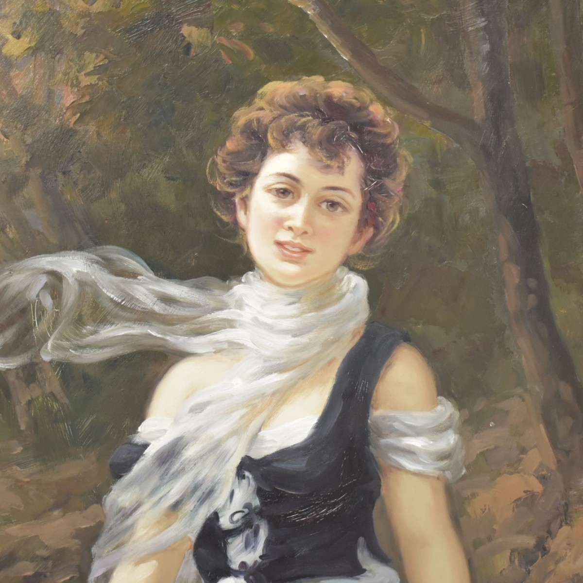 Oil on Canvas of a Girl Gathering Flowers