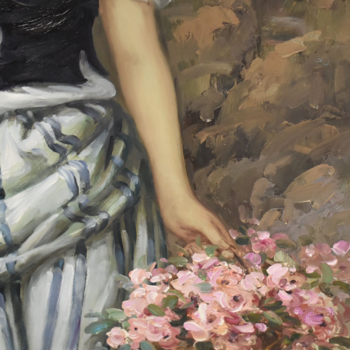 Oil on Canvas of a Girl Gathering Flowers