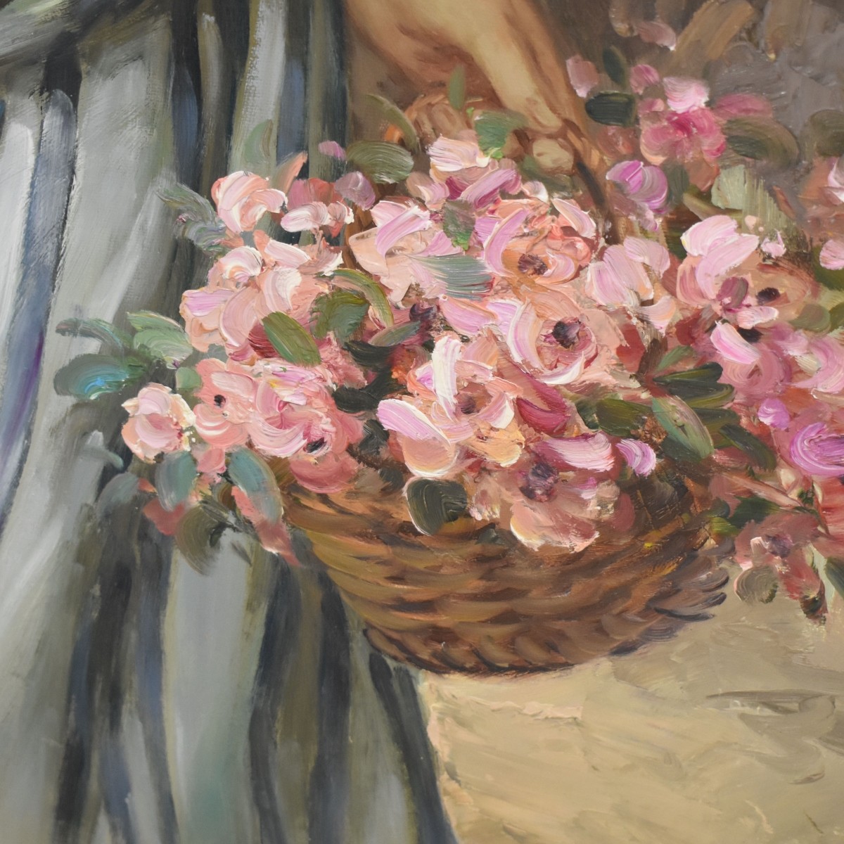 Oil on Canvas of a Girl Gathering Flowers