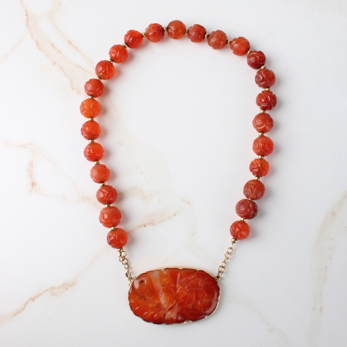 Antique Chinese Carved Carnelian Pendant Necklace.