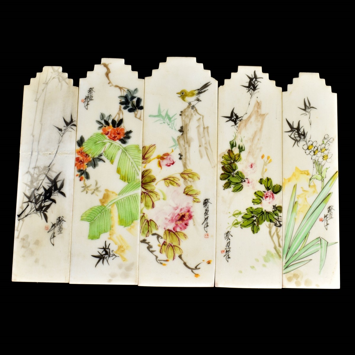 Antique Chinese Polychrome Alabaster Table Screen