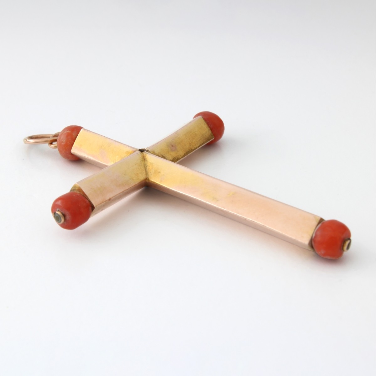 Red Coral and 12K Gold Cross Pendant