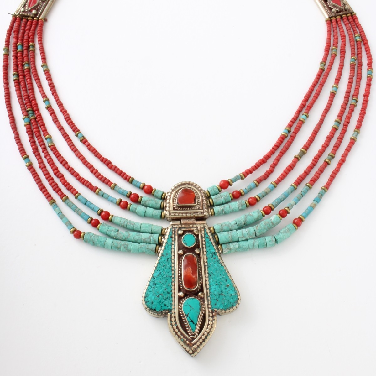 Tibetan Turquoise, Coral and Silver Necklace
