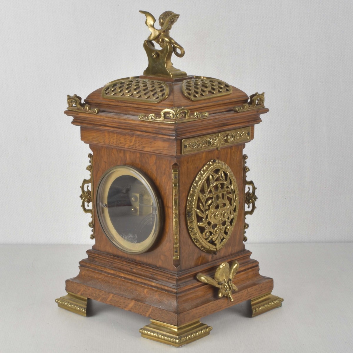 19 C. French Oak and Gilt Brass Mantle Clock