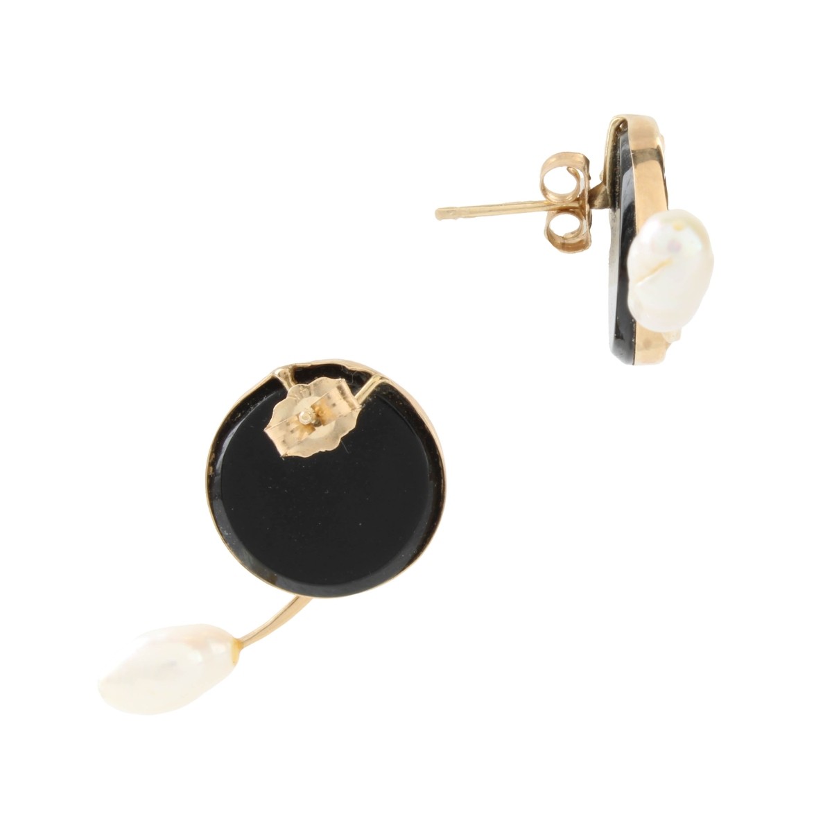 Pearl, Onyx and 14K Earrings