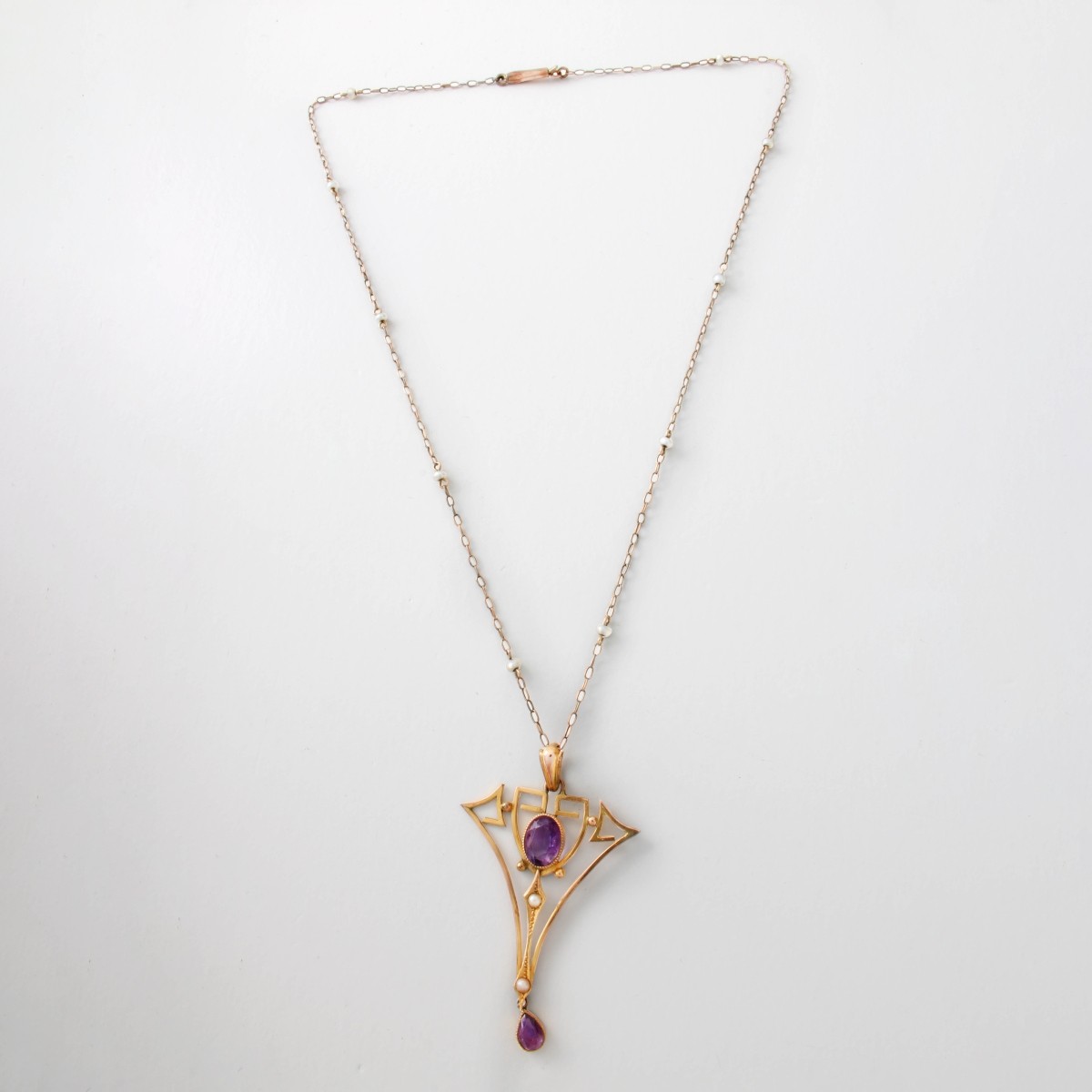 Art Nouveau Amethyst, Pearl and 9K Necklace