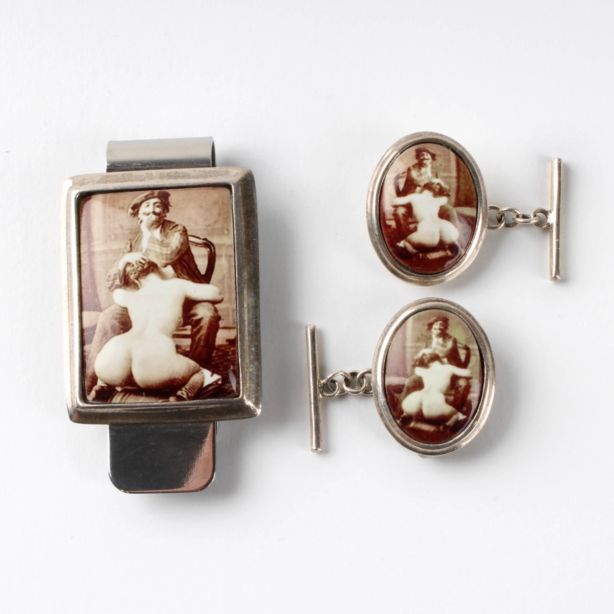 Silver & Erotic Enamel Money Clip & Cufflinks