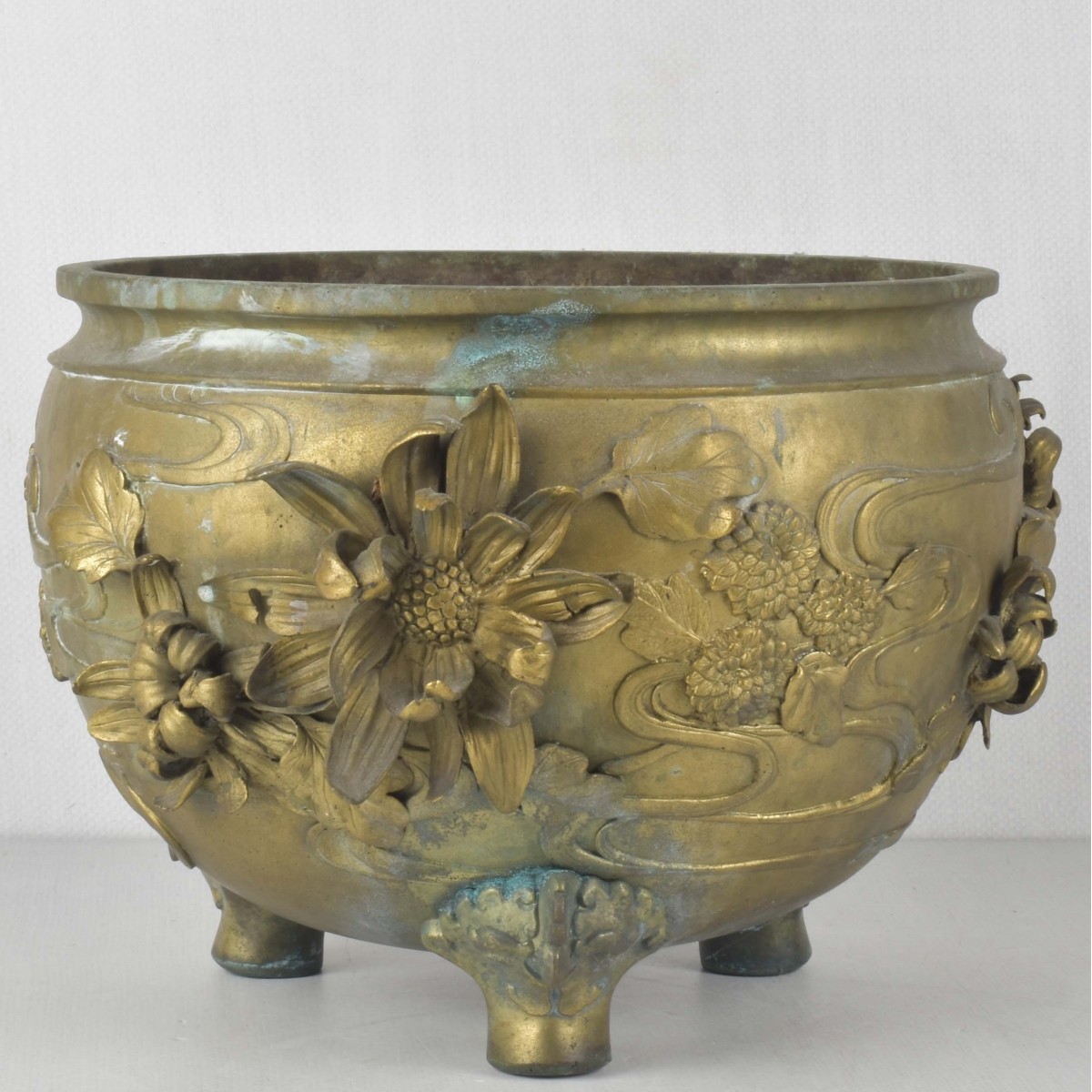 Vintage Japanese Brass Floral Planter