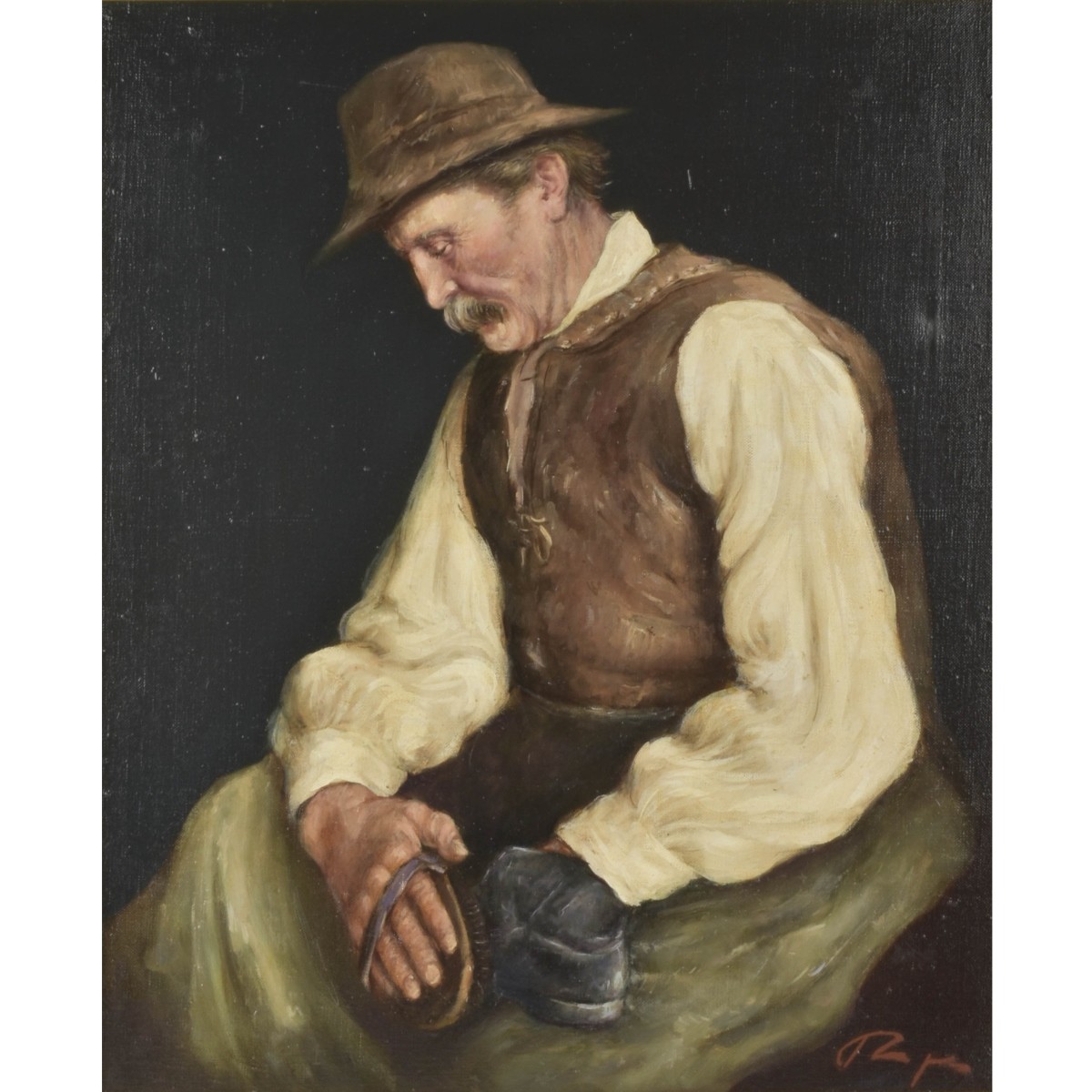 Painting of an Old Man Polishing his Shoes
