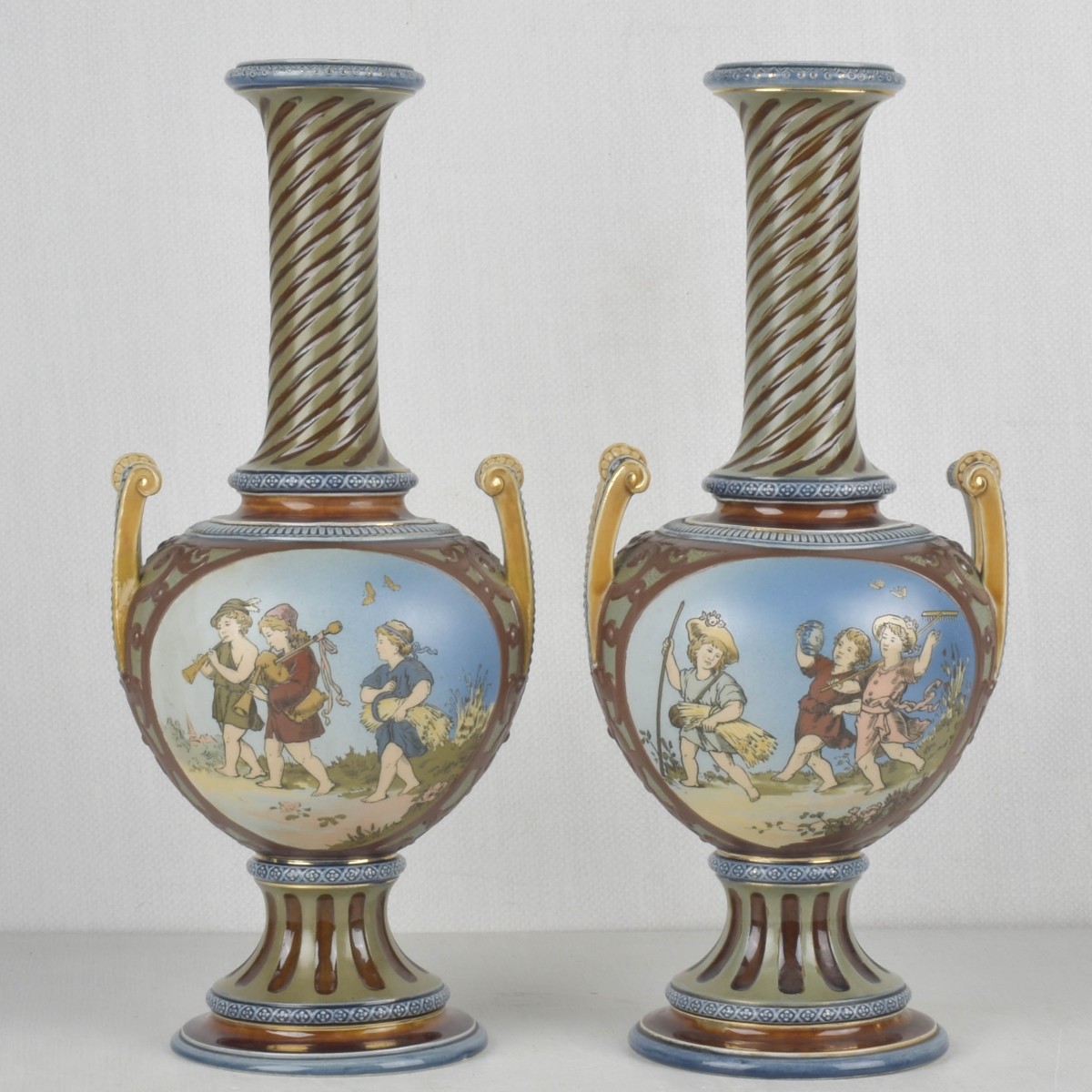 Mettlach German Etched Stoneware Vases