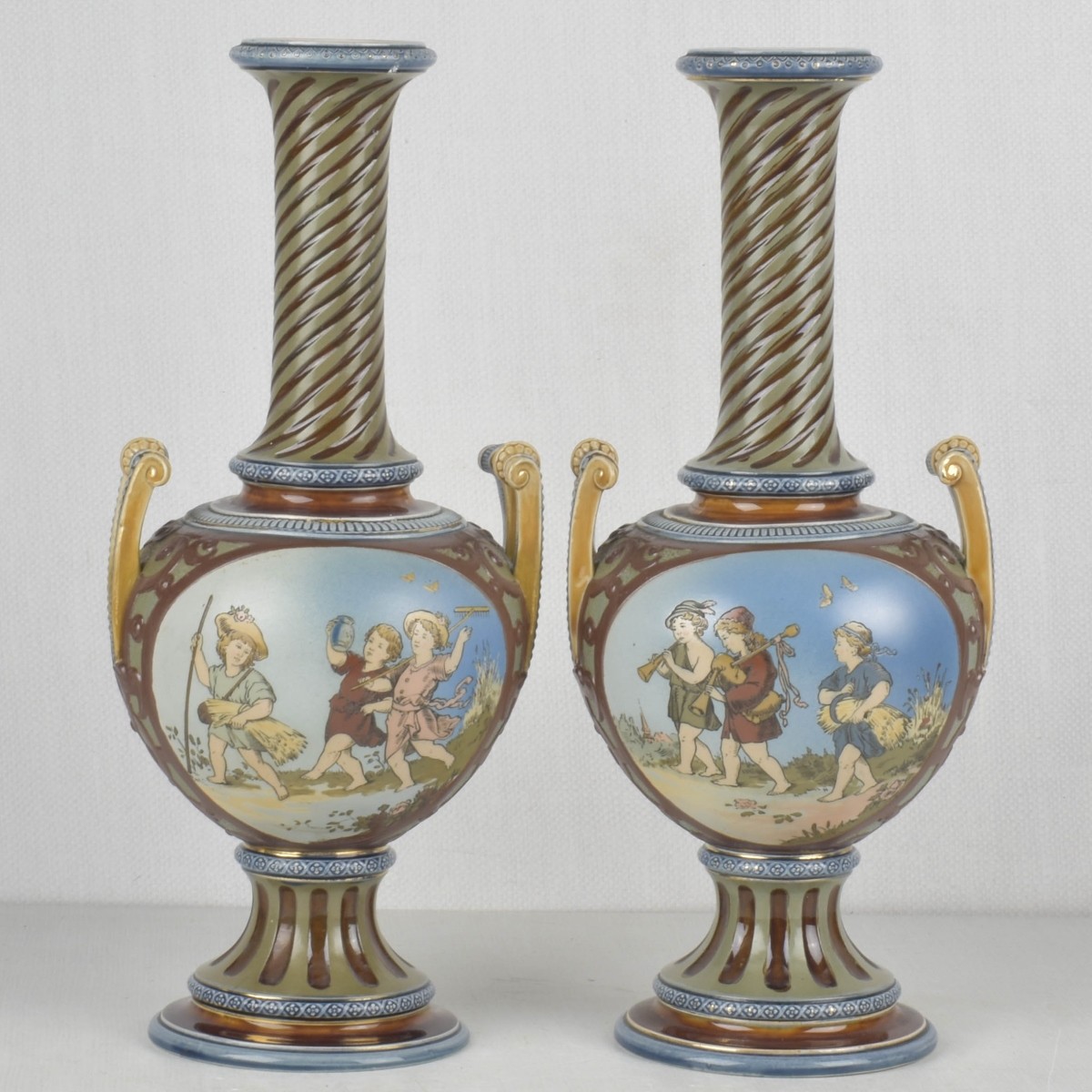 Mettlach German Etched Stoneware Vases