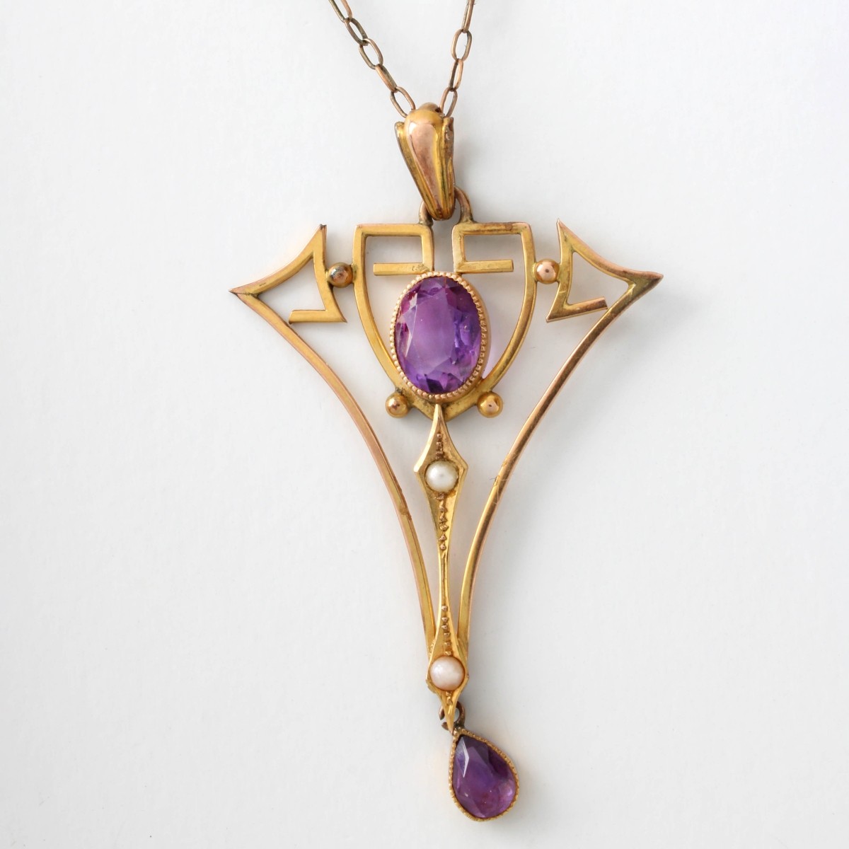Art Nouveau Amethyst, Pearl and 9K Necklace