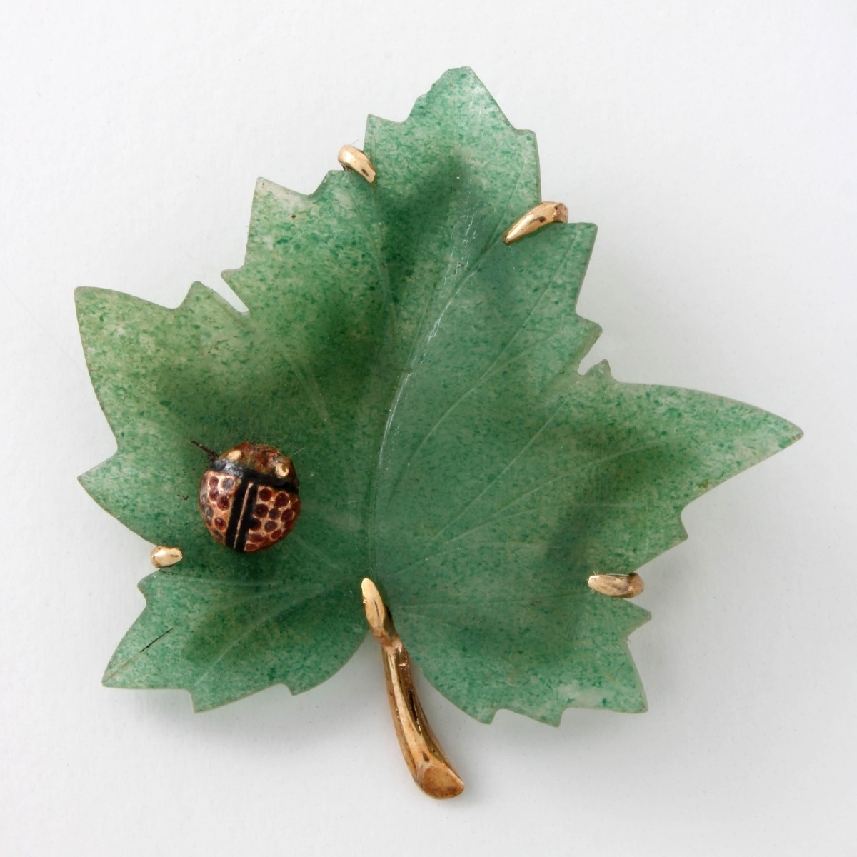 Jade and 14K Leaf Pin