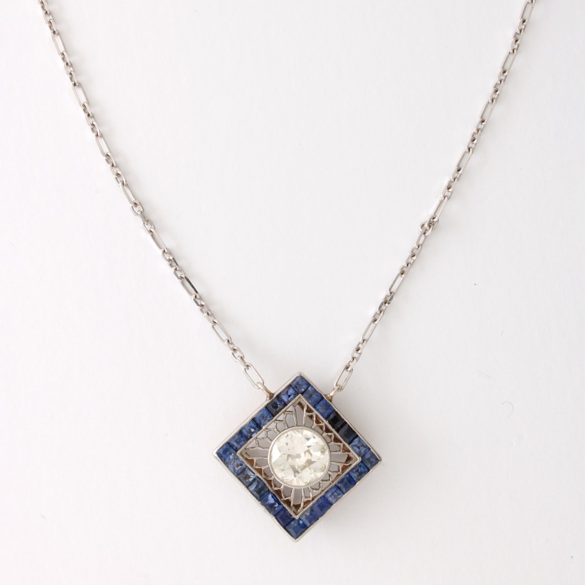 Deco Diamond, Sapphire and 14K Necklace