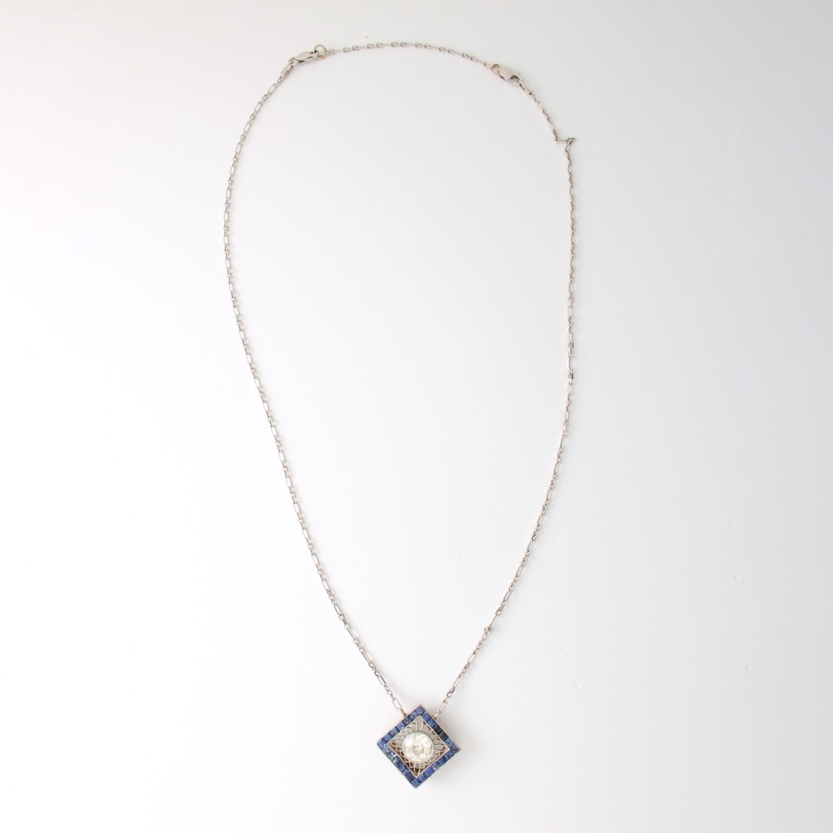 Deco Diamond, Sapphire and 14K Necklace