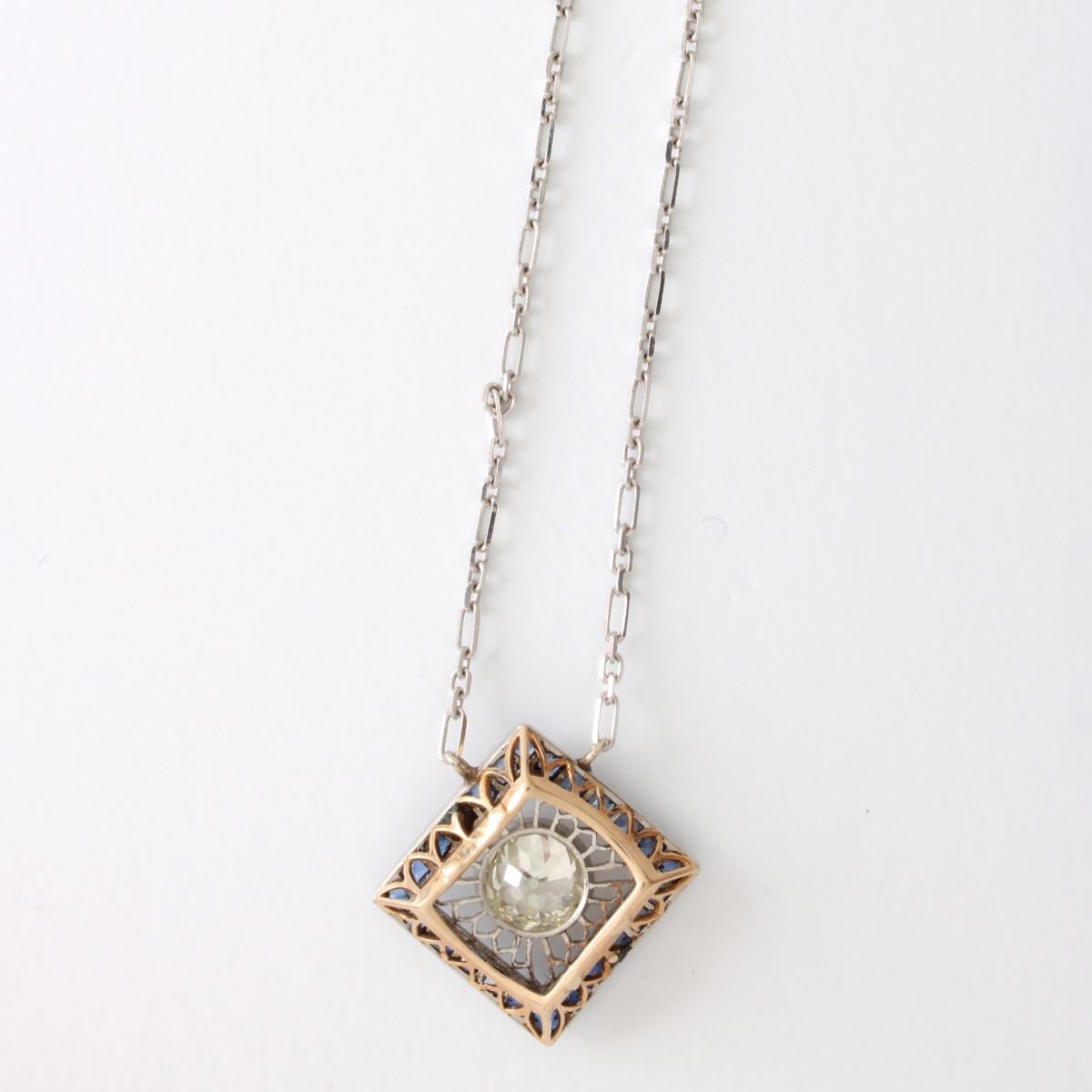 Deco Diamond, Sapphire and 14K Necklace