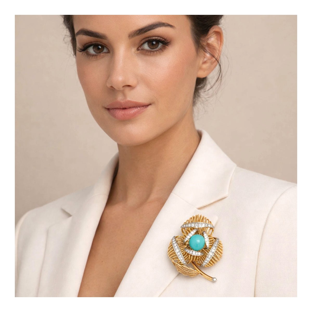 Diamond, Turquoise and 14K Brooch